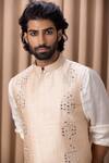 Shop_Ankit V Kapoor_Beige Raw Silk Hand Embroidered Mirror Work Hasan Nehru Jacket _Online_at_Aza_Fashions