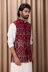 Shop_Ankit V Kapoor_Wine Pure Georgette Embroidered Thread And Sequin Work Imran Nehru Jacket _Online_at_Aza_Fashions