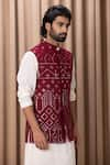 Shop_Ankit V Kapoor_Wine Pure Georgette Embroidery Mirror Imran Geometric Bundi And Kurta Set _Online_at_Aza_Fashions