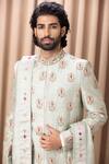 Buy_Ankit V Kapoor_Green Raw Silk Lahore Bouquet Embroidered Sherwani Set_Online_at_Aza_Fashions
