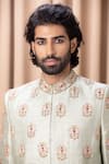 Ankit V Kapoor_Green Raw Silk Embroidery Zardozi Lahore Sherwani Set With Stole _at_Aza_Fashions