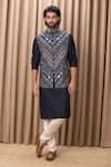 Ankit V Kapoor_Blue Cotton Silk Digital Print Flower Patterns Lakeer Nehru Jacket _Online_at_Aza_Fashions