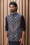 Buy_Ankit V Kapoor_Blue Cotton Silk Digital Print Floral Lakeer Stripe Bundi And Kurta Set _Online_at_Aza_Fashions