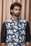 Buy_Ankit V Kapoor_Blue Cotton Silk Digital Print Lotus Patterns Kamal Nehru Jacket _Online_at_Aza_Fashions