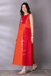 Tanu Malhotra_Red Cotton Linen Embroidered Bird Round Flared Colour Block Dress  _Online_at_Aza_Fashions