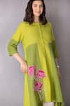 Tanu Malhotra_Green Cotton, Linen Embroidery, Applique Placed Lotus Pattern Tunic With Pant _at_Aza_Fashions