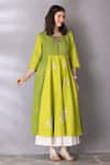 Buy_Tanu Malhotra_Green Cotton, Linen Embroidery Keyhole Neck Colour Block Tunic And Pant Set _Online_at_Aza_Fashions