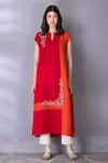 Buy_Tanu Malhotra_Red Cotton Linen Embroidered Floral Colour Block Tunic With Pant  _Online_at_Aza_Fashions