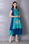 Shop_Tanu Malhotra_Blue Cotton Linen Embroidered Abstract Round Flared Colour Block Dress  _Online_at_Aza_Fashions