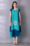 Tanu Malhotra_Blue Cotton Linen Embroidered Abstract Round Flared Colour Block Dress  _at_Aza_Fashions