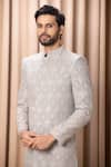 Shop_Ankit V Kapoor_Grey Cotton Embroidery Thread Shah Sherwani Set With Stole _Online_at_Aza_Fashions