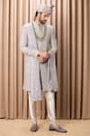 Ankit V Kapoor_Grey Cotton Embroidery Thread Shah Sherwani Set With Stole For Men_at_Aza_Fashions
