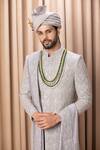 Buy_Ankit V Kapoor_Grey Cotton Embroidery Thread Shah Sherwani Set With Stole 