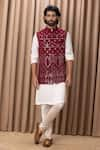 Ankit V Kapoor_Wine Pure Georgette Embroidery Mirror Imran Geometric Bundi And Kurta Set _Online_at_Aza_Fashions