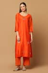 Two Sisters By Gyans_Orange Cotton Chanderi Embroidery Mukaish Work V Straight Kurta Set _Online_at_Aza_Fashions