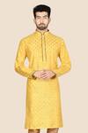 Buy_Aryavir Malhotra_Yellow Kurta Santom  Churidar Dupion Embroidered Set_Online_at_Aza_Fashions