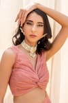 Buy_Silky Bindra_Pink Organza, Shantoon V Neck Ruched Blouse And Palazzo Set _Online_at_Aza_Fashions