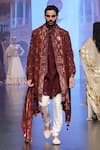 Buy_Soniya G_Wine Velvet Embroidery Zardozi Floral Sherwani Set _at_Aza_Fashions