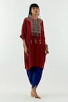 Aseem Kapoor_Maroon Natural Crepe Trapeze Yoke Kurta And Draped Trouser Set _at_Aza_Fashions