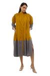 Shop Khat Yellow Poplin, Cotton Mandarin Collar Color Block Dress Pant Set Online at Aza Fashions Shop_Khat_Yellow Poplin, Cotton Mandarin Collar Color Block Dress Pant Set _Online_at_Aza_Fashions