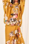 Shop_AK-OK_Yellow Silk Print Ostrich Round Neck Floral Top With Drape Skirt  _Online_at_Aza_Fashions