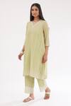 Buy_Kora_Green Cotton, Chanderi Sequins, Hand Block Print Short Kurta Pant Set _Online_at_Aza_Fashions