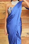 SAANJH BY LEA_Blue Armani Satin Plain Aalia Pleated Pre-draped Saree _Online_at_Aza_Fashions