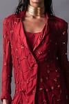 AK-OK_Red Silk Embroidery, Sequins Collared Draped Blazer And Skirt Set _Online_at_Aza_Fashions