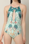 Buy_Limerick by Abirr N' Nanki_Multi Color 82% Polyester Print Peacock And Paisley Theo Neck Monokini  _Online_at_Aza_Fashions