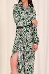 Shop_AK-OK_Green Silk Print Abstract Collared Neck Shirt With Drape Skirt  _Online_at_Aza_Fashions