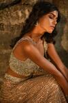 House of Exotique_Gold Net Sequins, Crystals Sweetheart Neck Embellished Lehenga Set _Online_at_Aza_Fashions