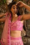 House of Exotique_Pink Net Sequins, Crystals Round Neck Floral Embroidered Bridal Lehenga Set _Online_at_Aza_Fashions