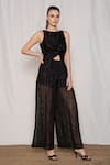 Shop_AMRTA by GUNEET KONDAL_Black 98% Viscose Georgette 2% Metallic Yarn Round Front Cut Out Jumpsuit _Online_at_Aza_Fashions