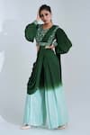 suruchi parakh_Green Tussar Silk And Georgette Crepe Lining Shantoon Pre-draped Pant Saree Set_Online_at_Aza_Fashions
