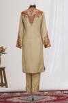 Shop_Nitika Gujral_Beige Mandarin Collar Embroidered Kurta And Pant Set  _at_Aza_Fashions