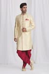 Buy_Samyukta Singhania_Gold Sherwani Jacquard Silk Brocade Dhoti Dupion Art Silk Lining Faux Set _at_Aza_Fashions