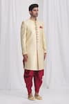 Samyukta Singhania_Gold Sherwani Jacquard Silk Brocade Dhoti Dupion Art Silk Lining Faux Set _Online_at_Aza_Fashions