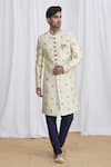 Buy_Samyukta Singhania_Beige Sherwani Jacquard Silk Brocade Pant Dupion Art Silk Lining Faux Set _at_Aza_Fashions