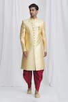 Buy_Samyukta Singhania_Gold Sherwani Jacquard Silk Brocade Dhoti Dupion Art Silk Lining Faux Set _at_Aza_Fashions