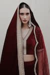 Shop_Shrutkirti_Red Silk Velvet Embellished V Neck Zoya Lehenga Set _Online_at_Aza_Fashions