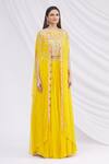 Aneesh Agarwaal_Yellow Chiffon Embroidered Cape Lehenga Set_Online_at_Aza_Fashions