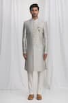 Samyukta Singhania_Grey Sherwani Jacquard Silk Brocade Pant Dupion Art Silk Lining Faux And Set_Online_at_Aza_Fashions