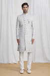 Buy_Samyukta Singhania_Grey Sherwani: Jacquard Silk Brocade; Pant: Dupion Art Silk; And Set For Men_Online_at_Aza_Fashions