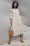 Shop_Dhaari_White 100% Cotton Handwoven Pleated Dress With Inner _at_Aza_Fashions