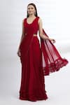 Buy_Arpan Vohra_Maroon Geargette Scoop Neck Pre-draped Saree _at_Aza_Fashions