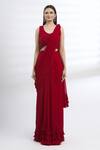 Arpan Vohra_Maroon Geargette Scoop Neck Pre-draped Saree _Online_at_Aza_Fashions