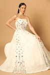 Buy_Two Sisters By Gyans_White Georgette Embroidery Cut Beads Straight Floral Hand Panelled Gown 