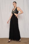 Buy_Amrta By Guneet Kondal_Black Viscose Beads, Sequins Plunge Neck Floral Embroidered Jumpsuit _Online_at_Aza_Fashions