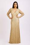Buy_Ambrosia_Gold V Neck Sequin Embroidered Gown_at_Aza_Fashions