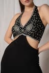 Amrta By Guneet Kondal_Black Viscose Beads, Sequins Plunge Neck Floral Embroidered Jumpsuit _at_Aza_Fashions